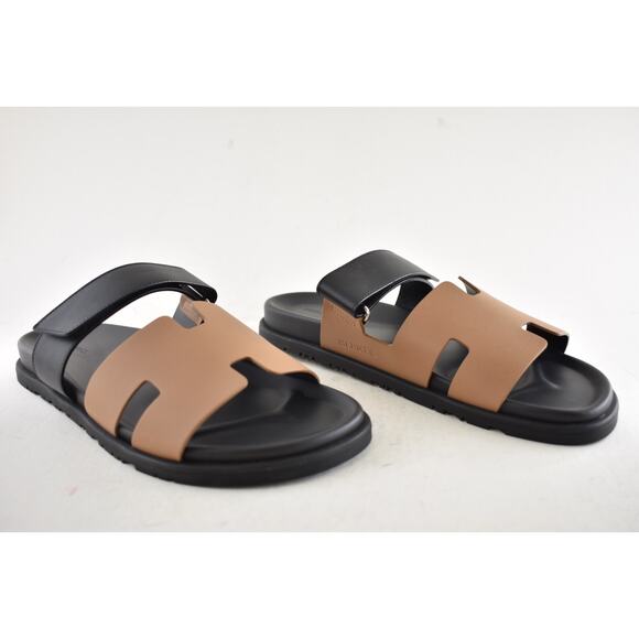 Hermes Chypre Sandal Mens Black Naturel Safari Leather H Logo Slide Flat 45 12 - Picture 3 of 13